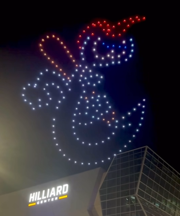 Aerial still of the Hilliard Center drone light show