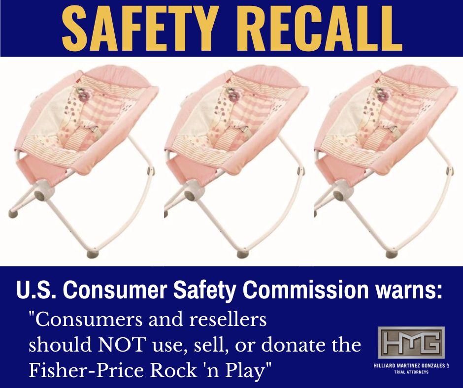 Three pink Fisher-Price Rock 'n Play rockers, with the words SAFETY RECALL