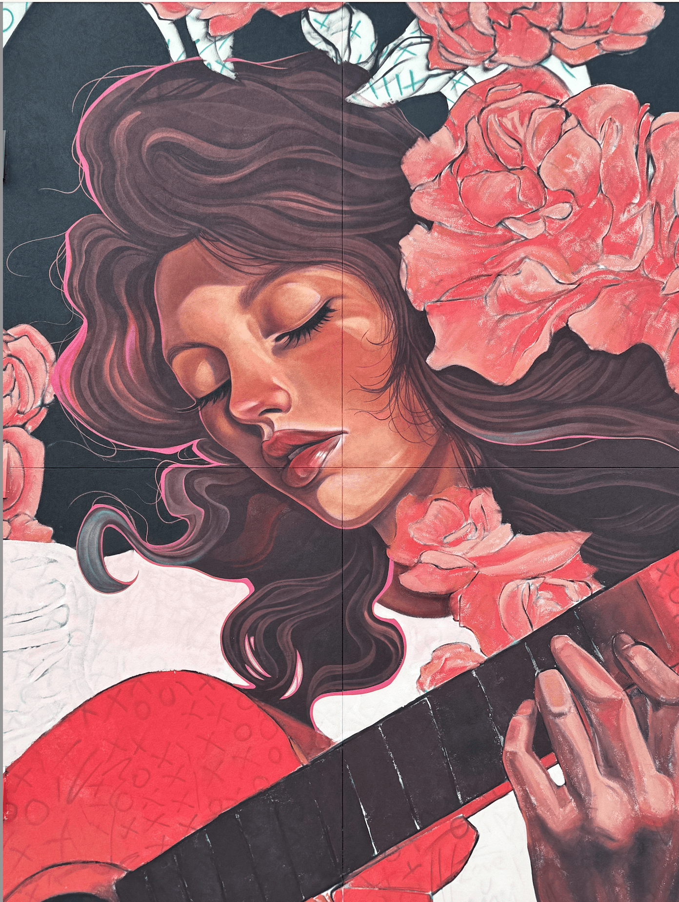 Close up image of a mural painted by Mandi Caskey. Image shows a beautiful hispanic woman with dark wavy hair. She is surrounded by pink peonies and playing an acoustic guitar.