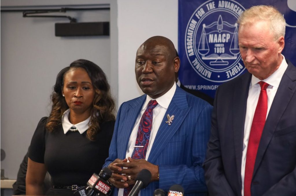 Attorneys Jennifer Hightower, Ben Crump, and Bob Hilliard speak at a press conference on behalf of the family of Earl Moore, Jr. Photo courtesy of Nick Adams, 1221 Photography, Springfield, IL